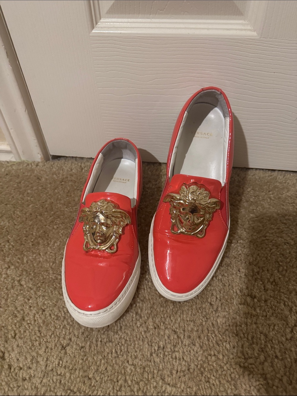 Versace Coral Red Patent Medusa Slip-Ons with Gold Emblem size 35